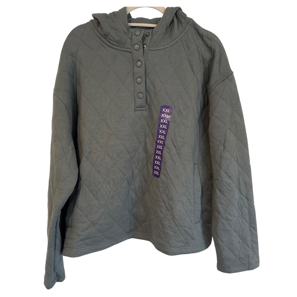 Lands End Womens XXL Quilted Hoodie Pullover Light Blue Snap Neck Sweatshirt